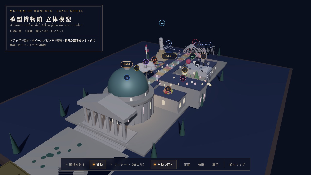 欲望博物館の3D建築模型 — ドームと回廊と13の展示室