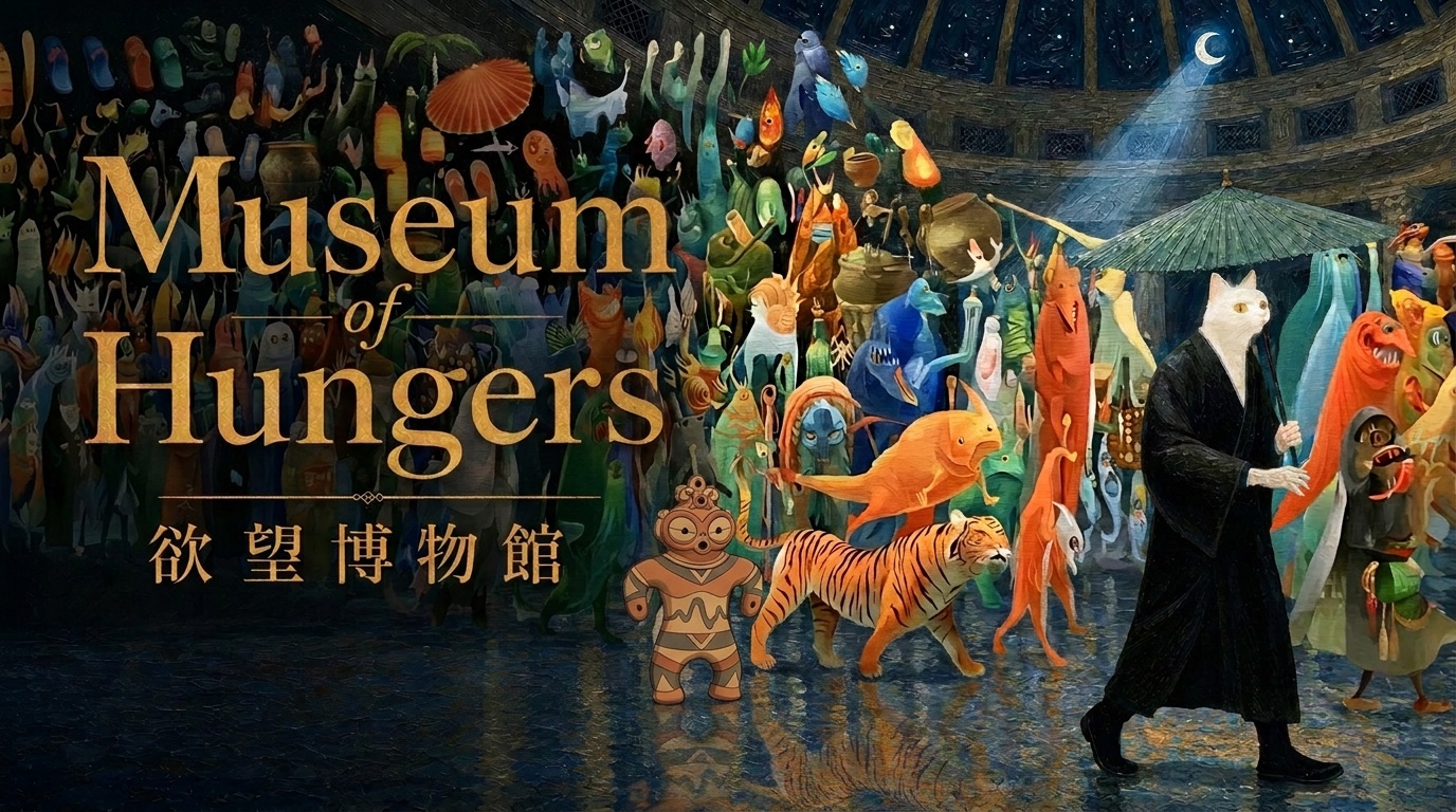 欲望博物館 Museum of Hungers — 夜の博物館を歩く欲望たちの行列と案内人の猫